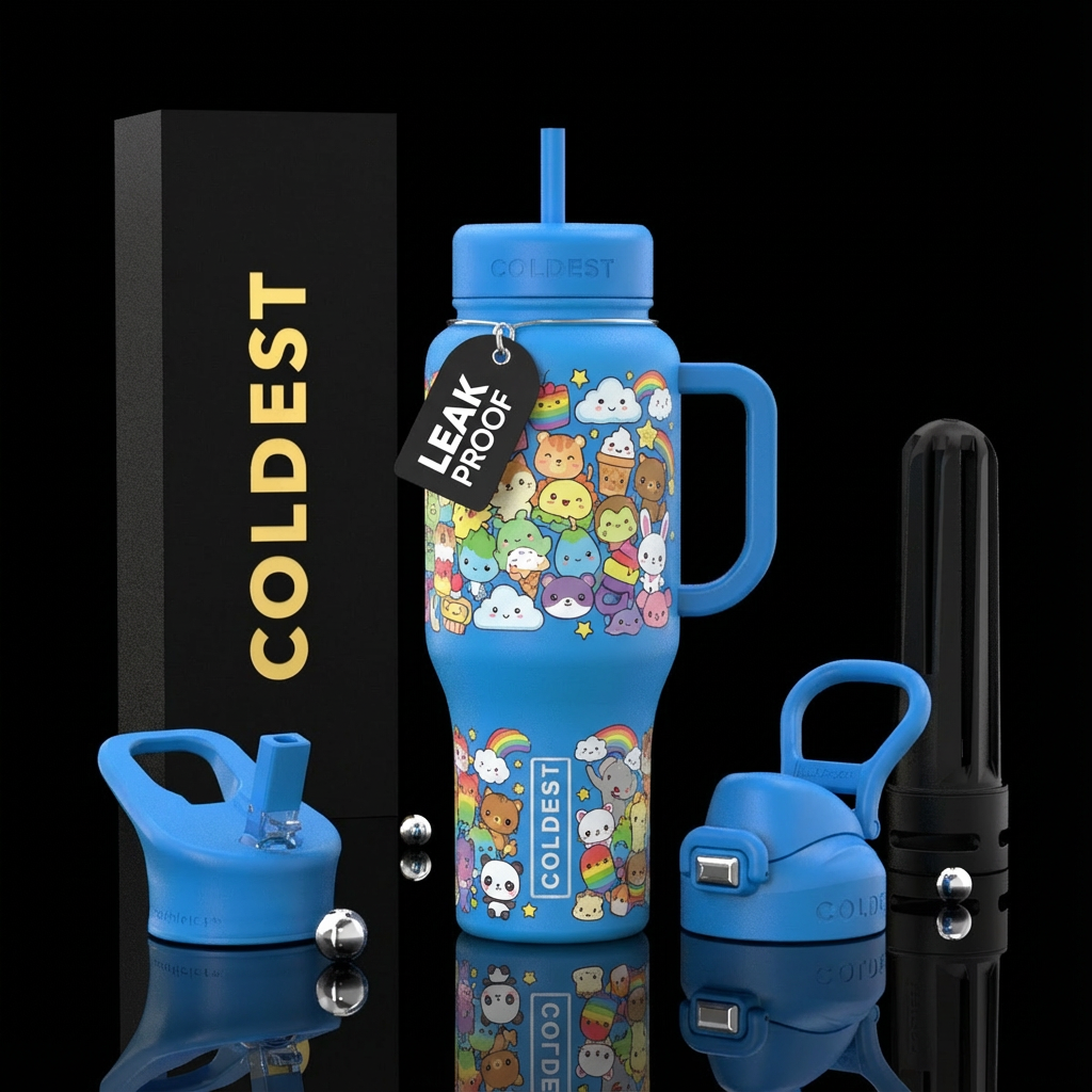 Calico kittens on a light blue bottle water bottle design