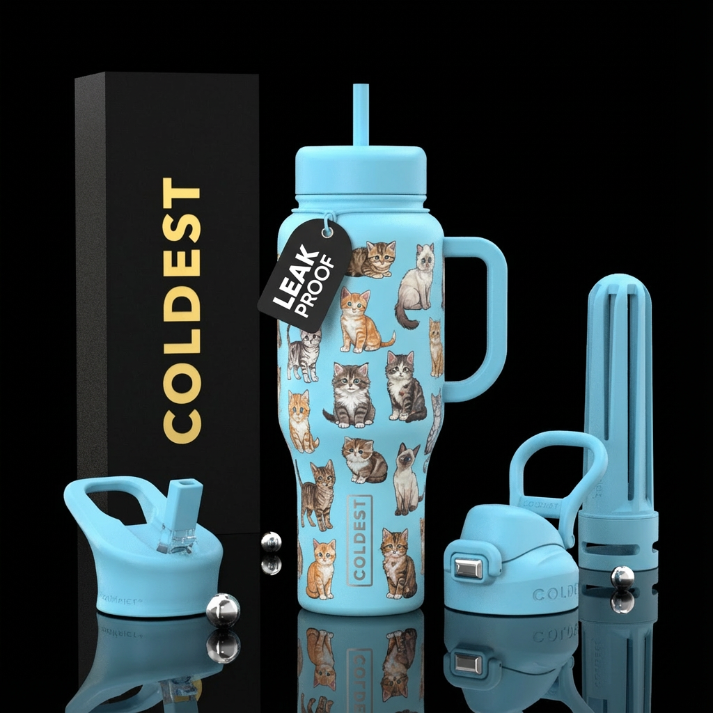 Diffrent kittens on a light blue bottle water bottle design