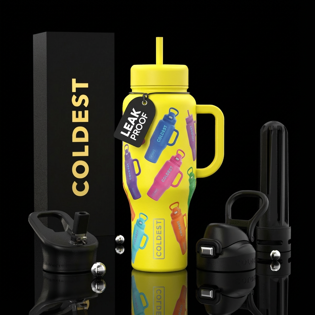 A yellow bottles with all the Coldest Mini bottles... water bottle design