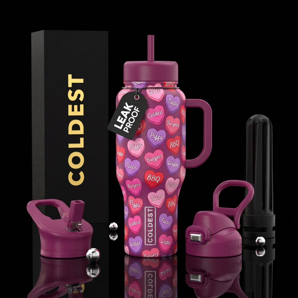A bottles with pink purple and red candy hearts, e... water bottle design