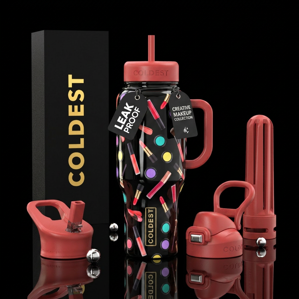 Mini Makeup products on a black glossy bottle water bottle design
