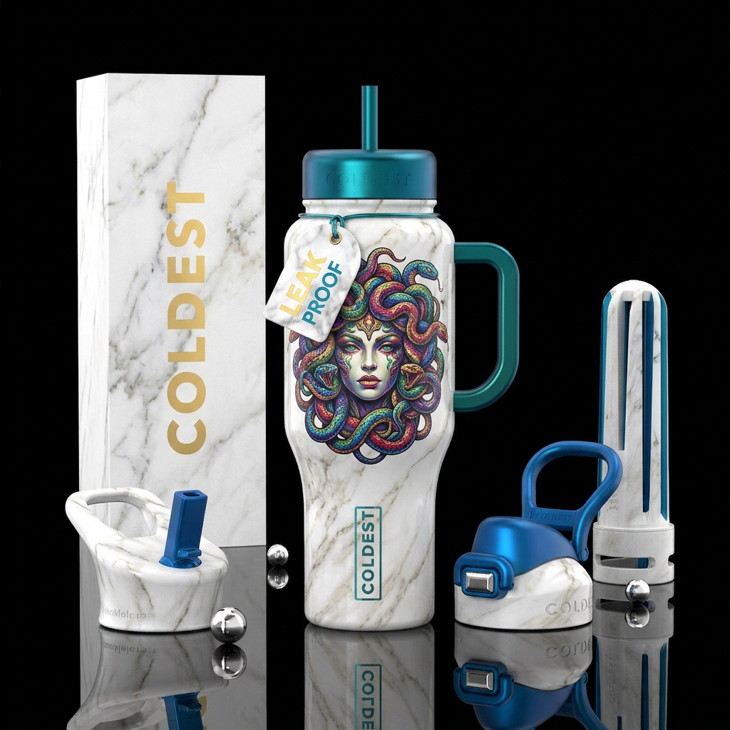 Colorfull Medusa in a marbled white bottle water bottle design