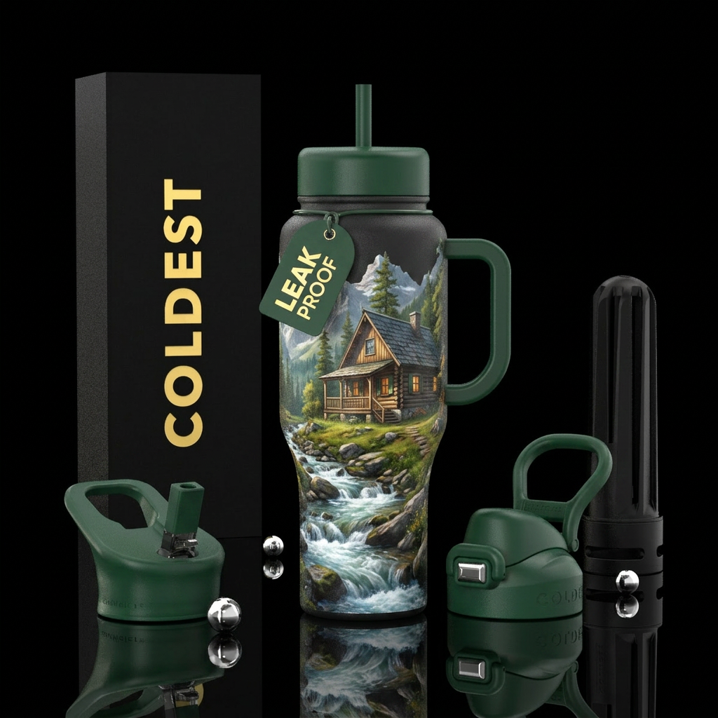 Cabin on the mountain side near a creek water bottle design