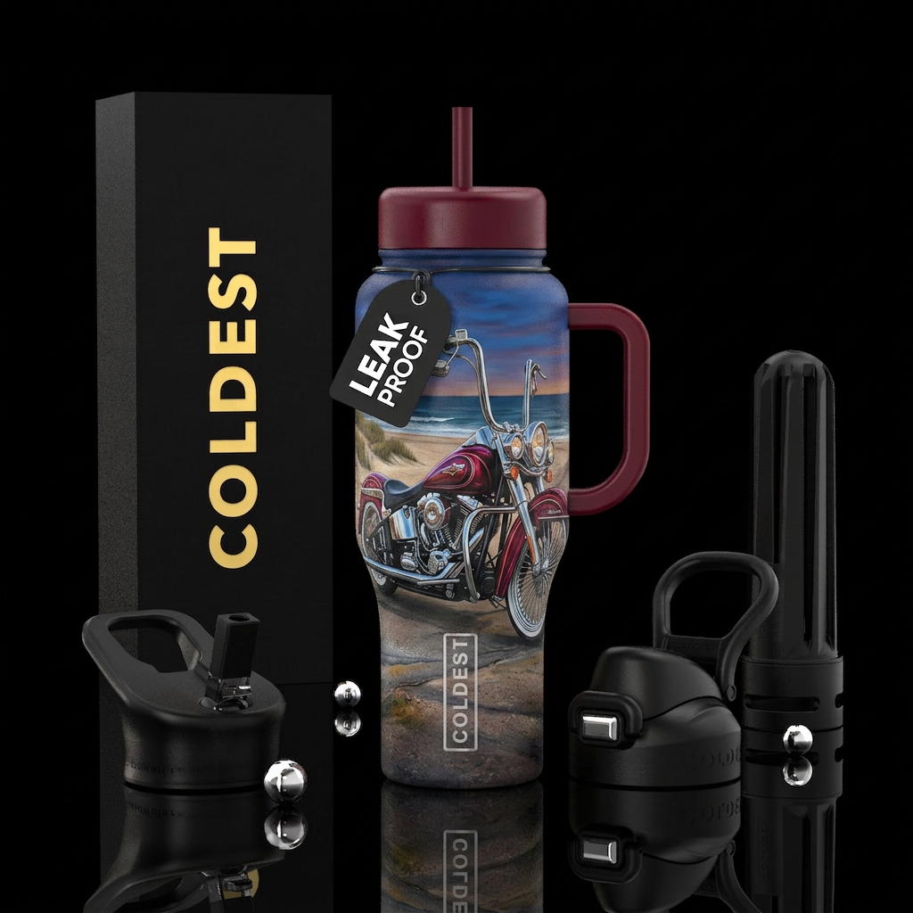 VICLA style motorcycle on a beach roadside water bottle design