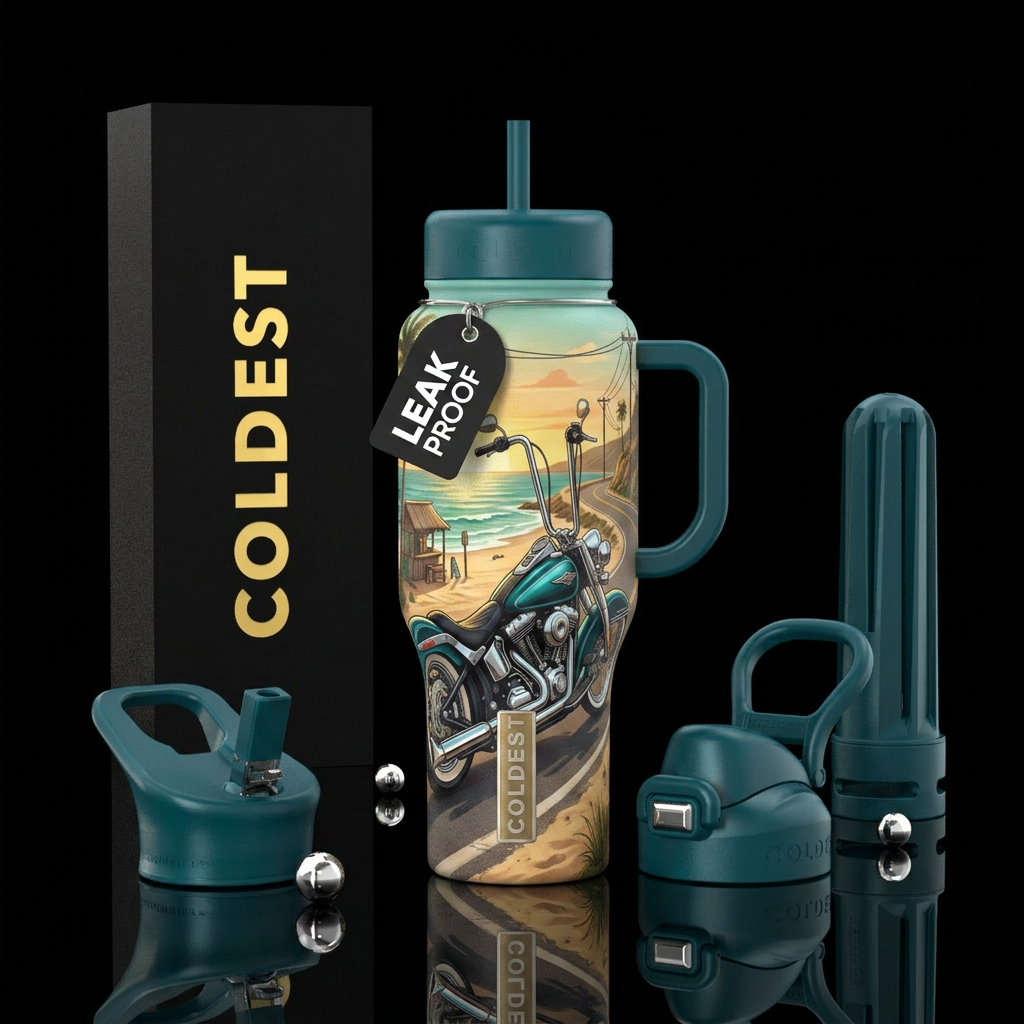 VICLA style motorcycle on a beach roadside water bottle design