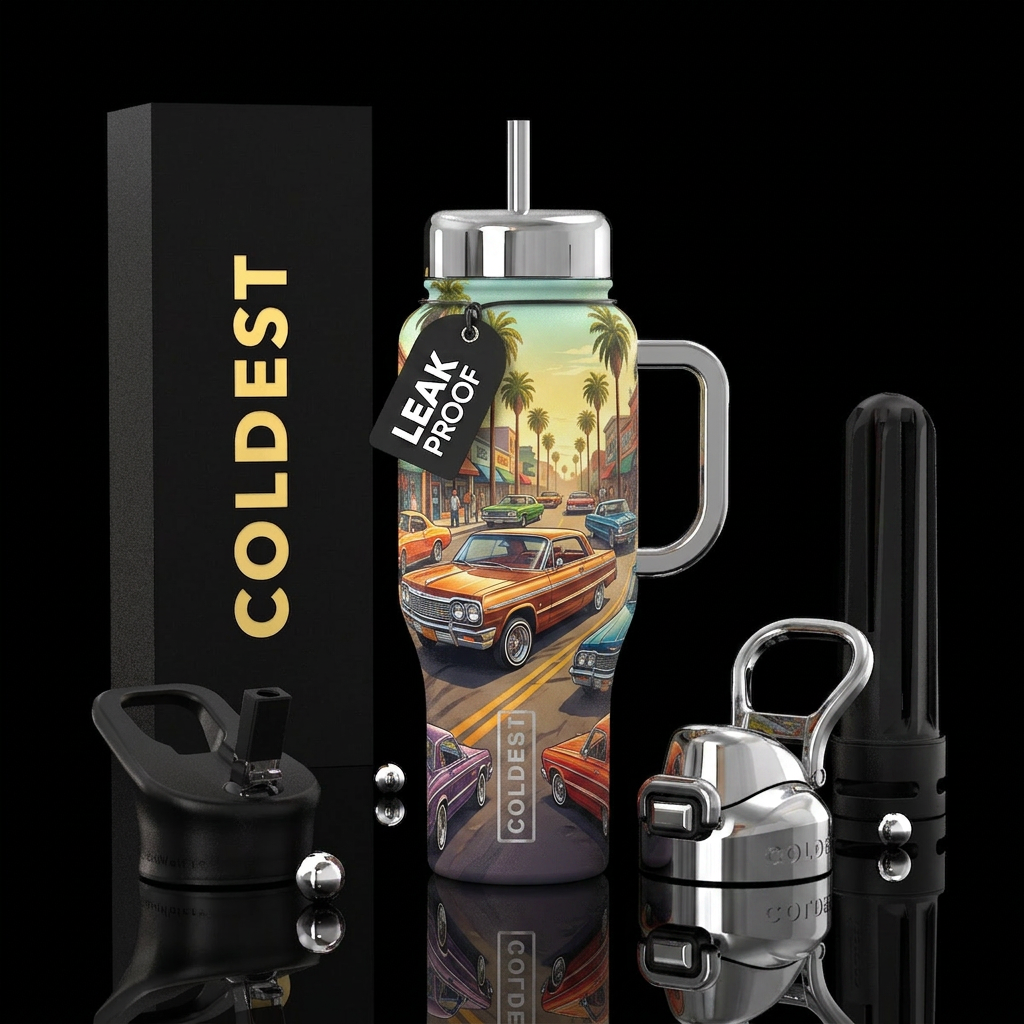 Lowriders cruising in a busy street water bottle design