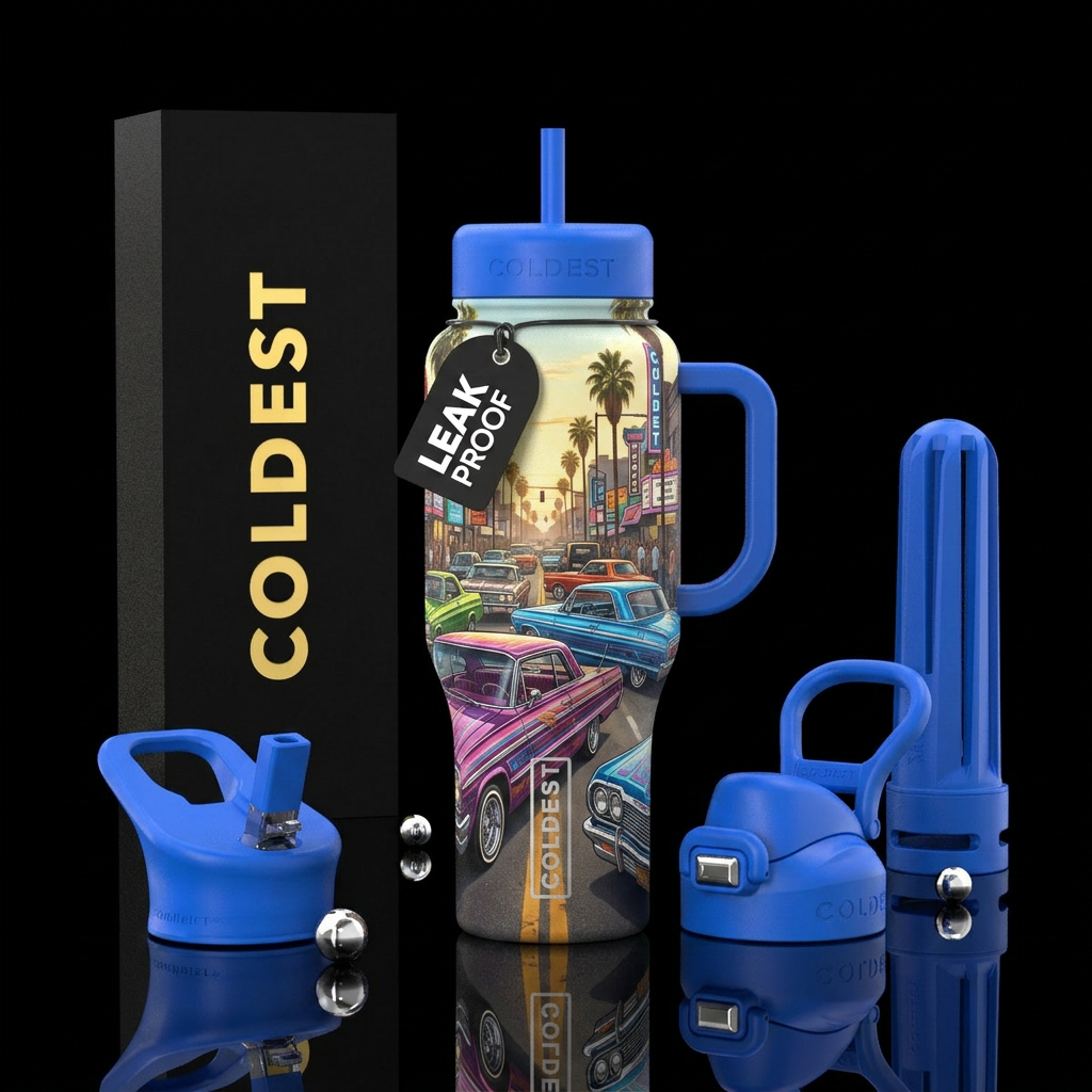 Lowriders cruising in a busy street water bottle design