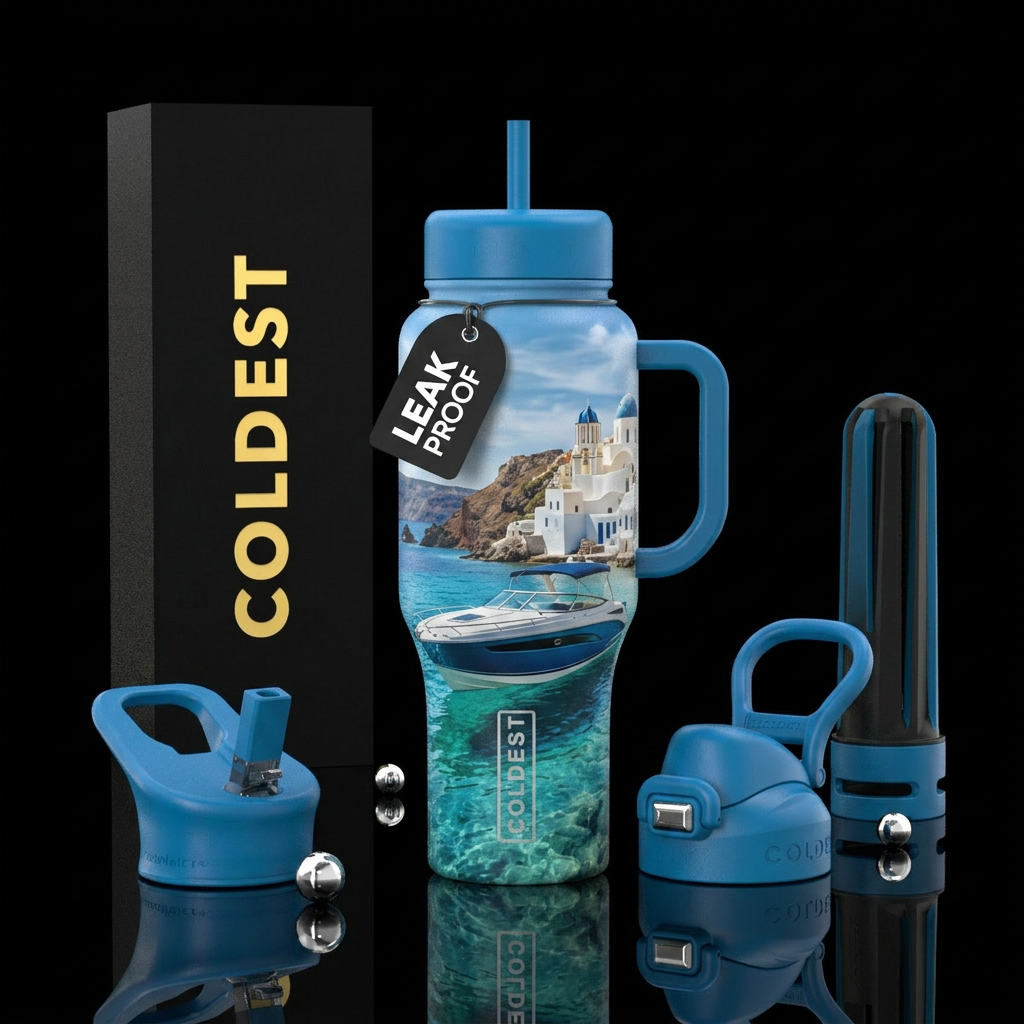 Speed boat on the shores of Greece water bottle design