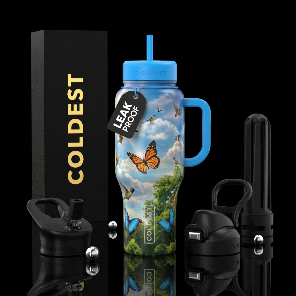 butterfly, birds, clouds, trees, beautiul, realism water bottle design