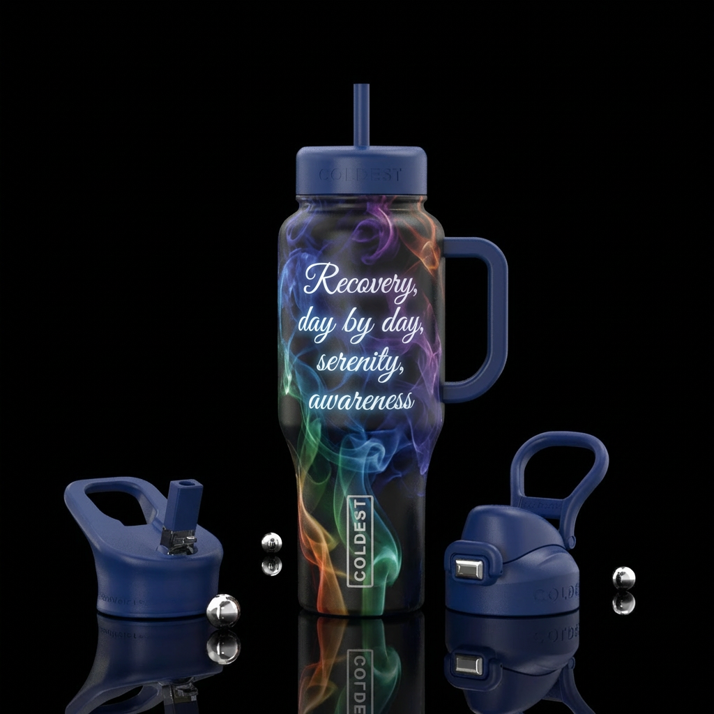 Recovery, day by day, serenity, awareness, smoke, water bottle design