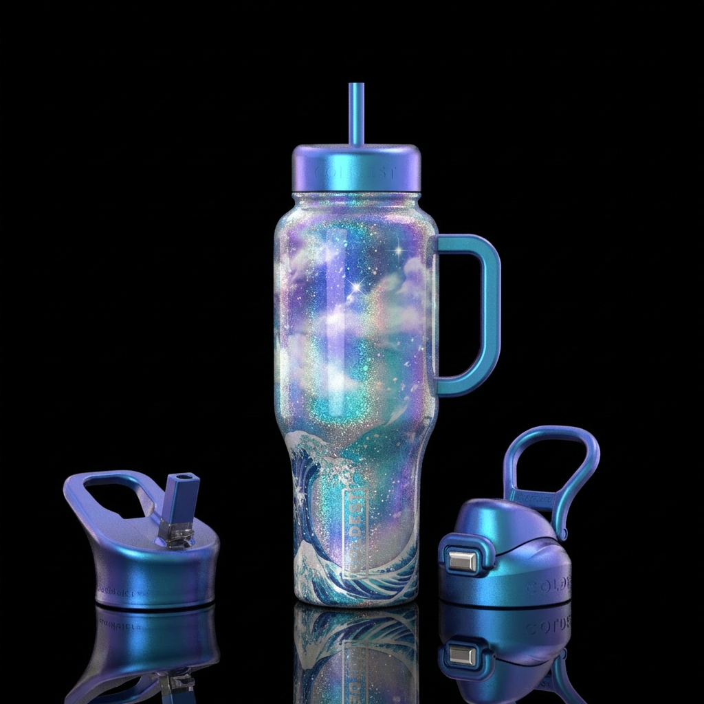irridescent, clouds, sparkly, modern, ocean water bottle design