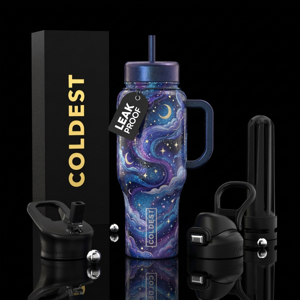 sparkly, sky kingdom, luxurious, moonlit water bottle design
