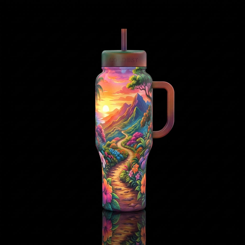 mountains, vibrant, trail, trees, tropical flowers... water bottle design