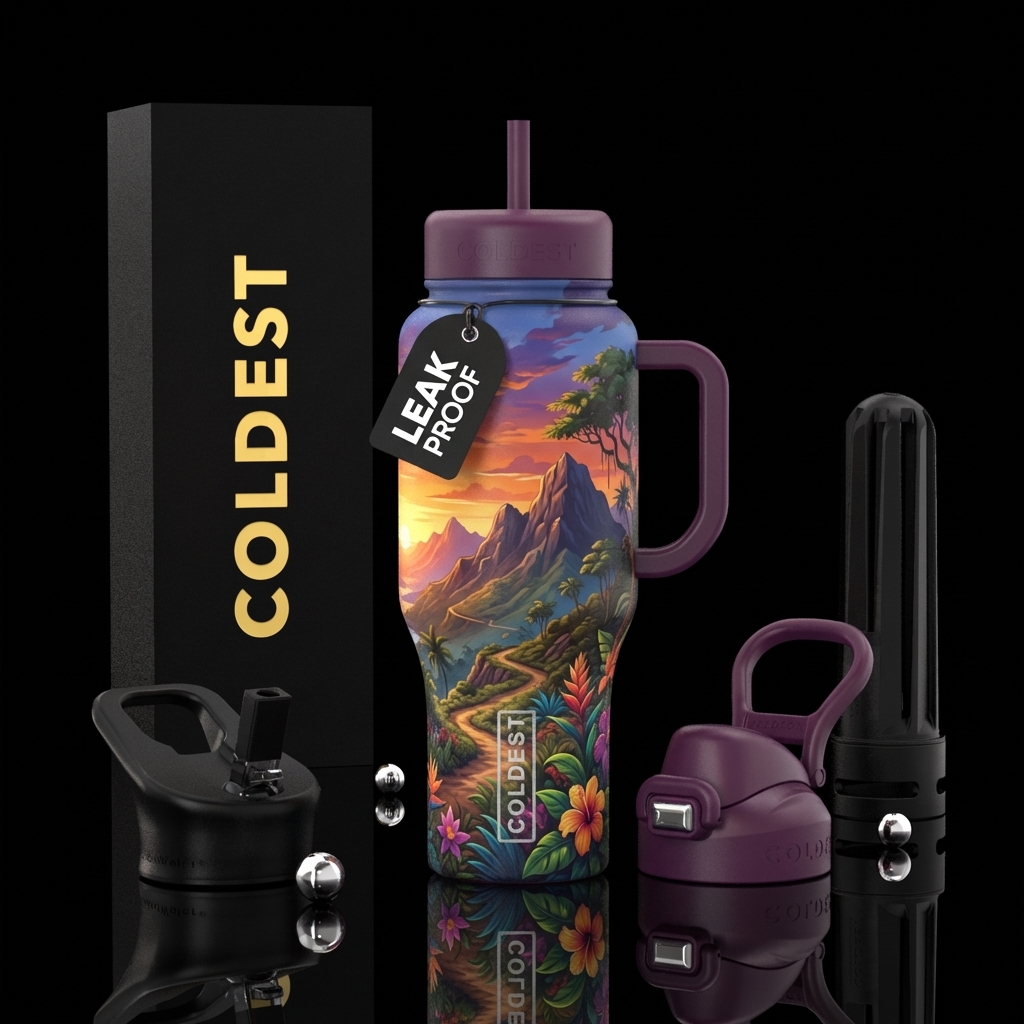 mountains, vibrant, trail, trees, tropical flowers... water bottle design