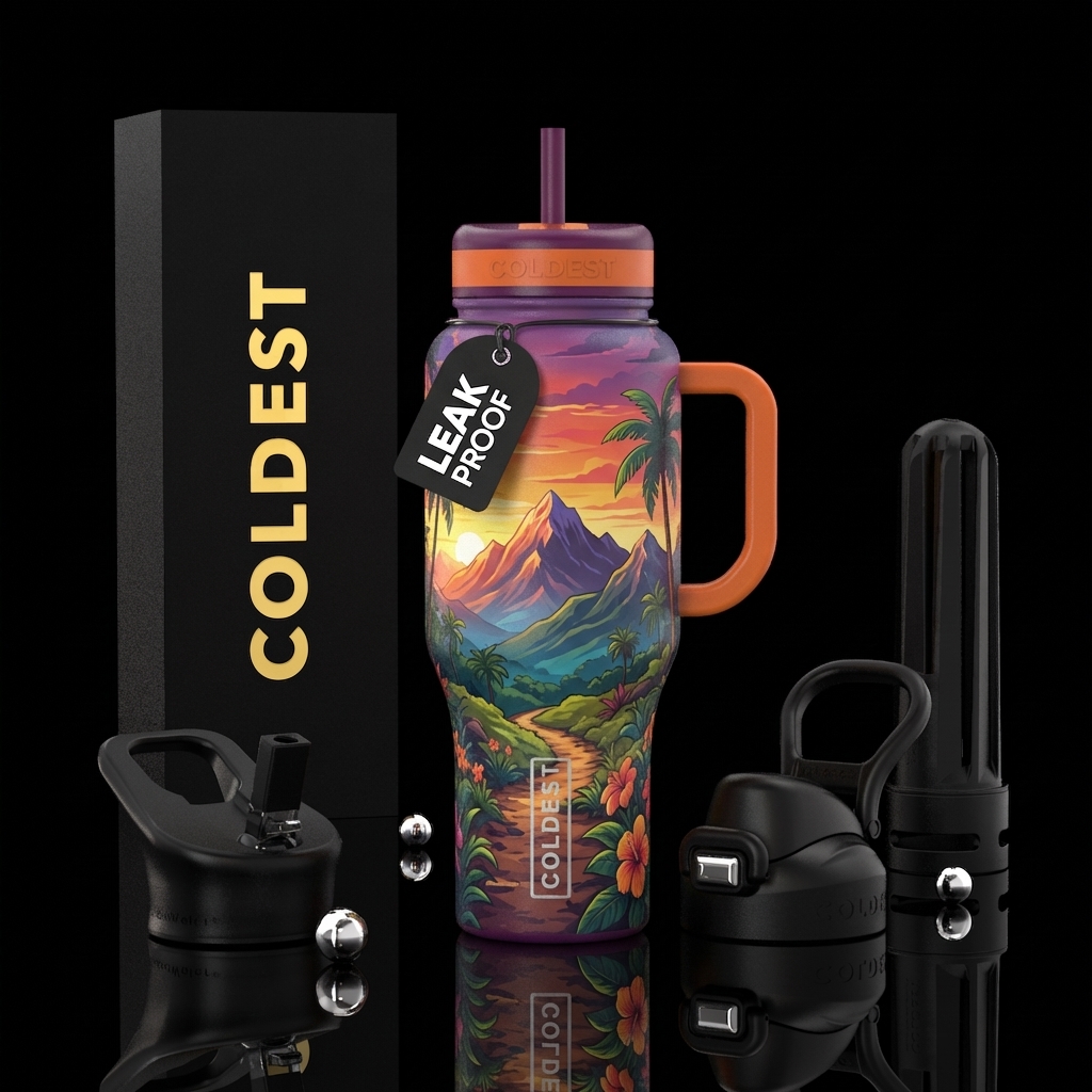 mountains, vibrant, trail, trees, tropical flowers... water bottle design