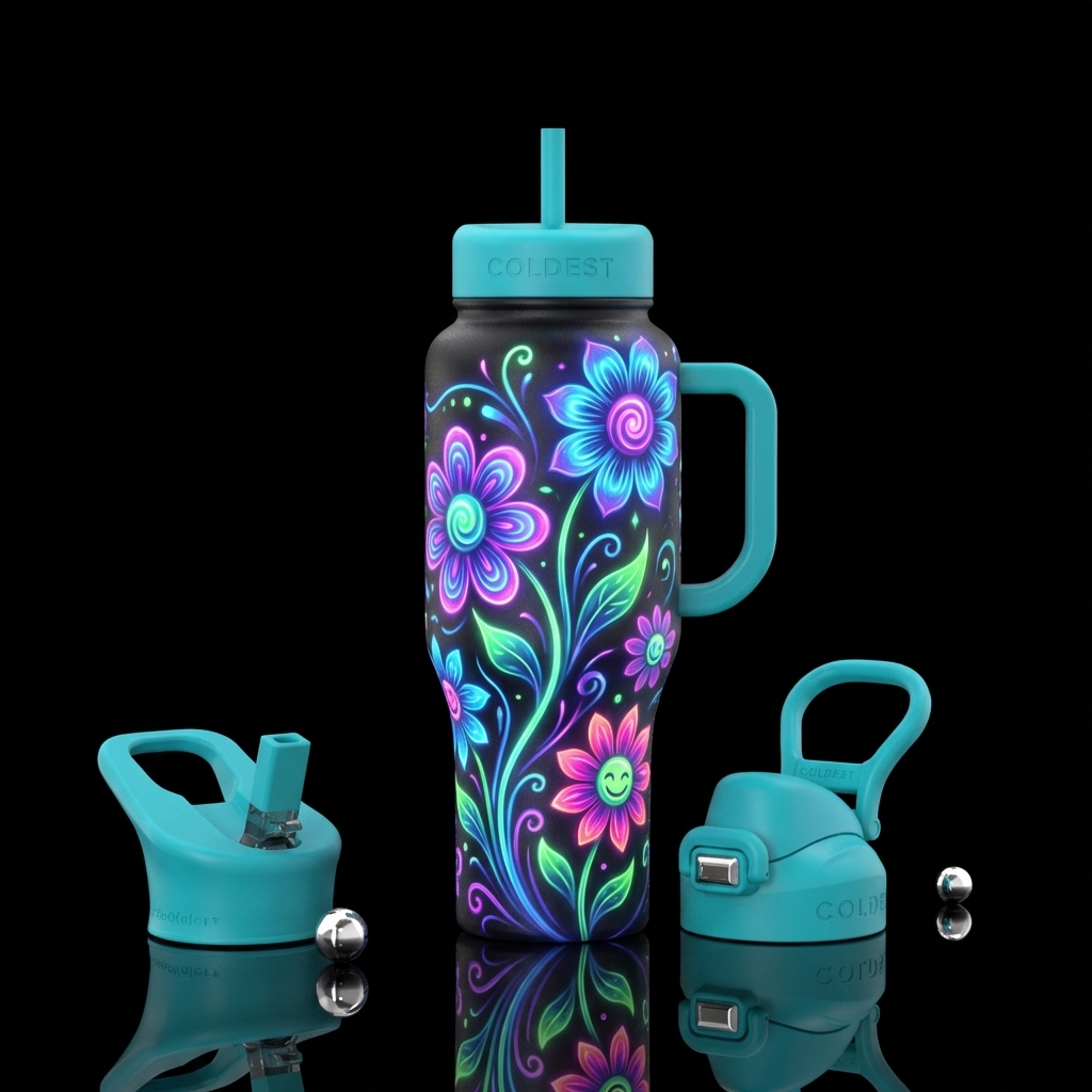 floral, glowie, spirals, happy mood water bottle design