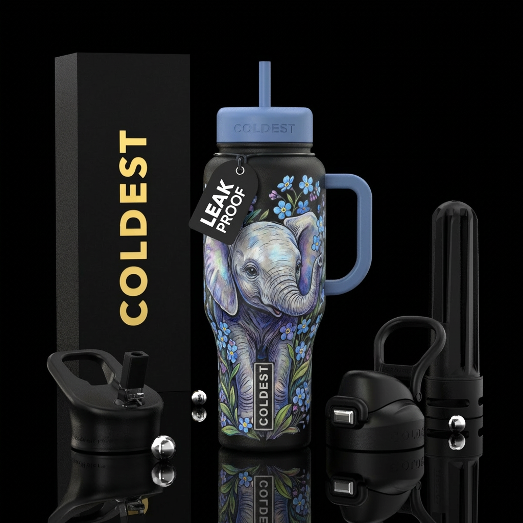 Baby elephant, forget me not flowers, water bottle design