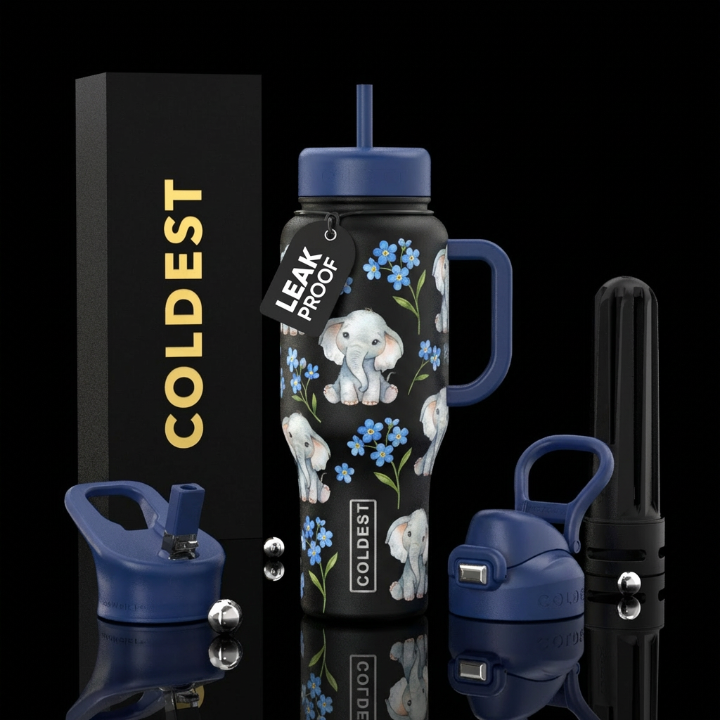 Baby elephant, forget me not flowers, water bottle design