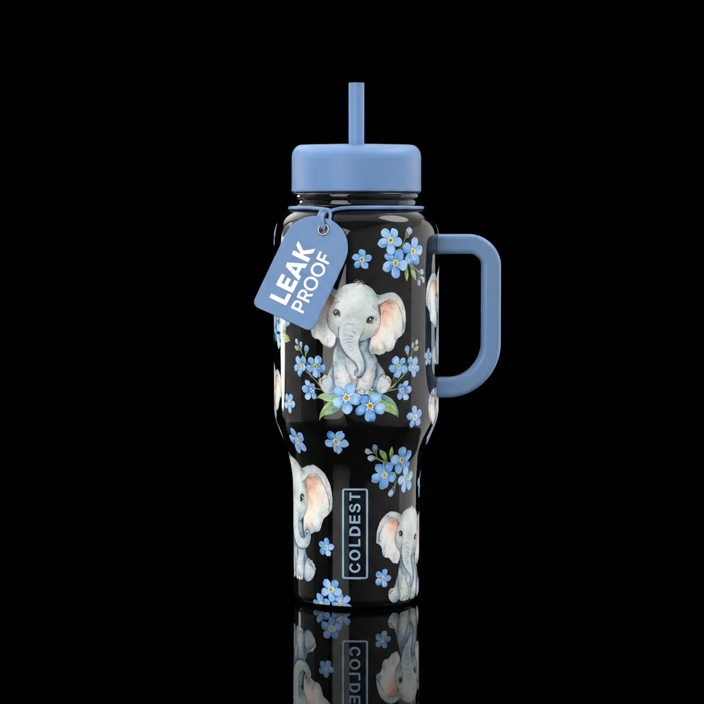 Baby elephant, forget me not flowers, water bottle design