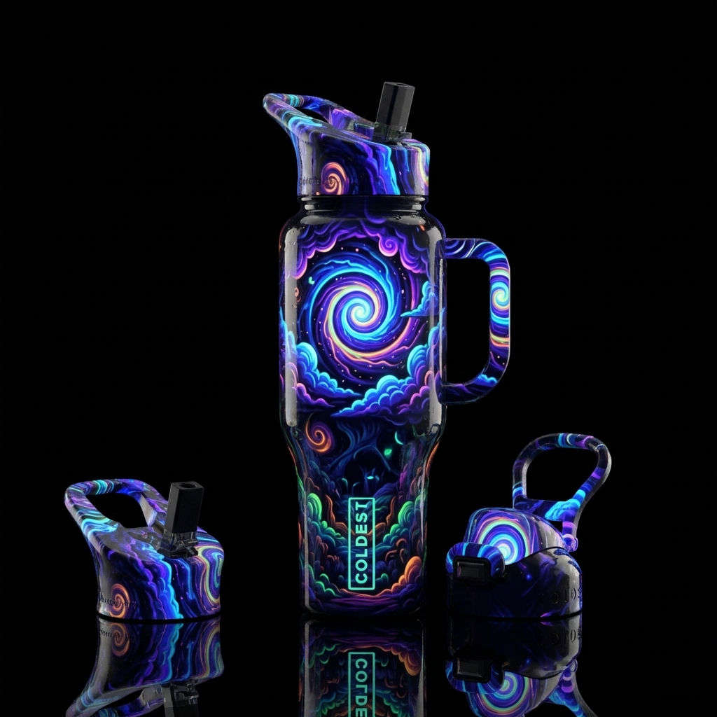 psychedelic, glowie, spirals, dark mood, clouds water bottle design