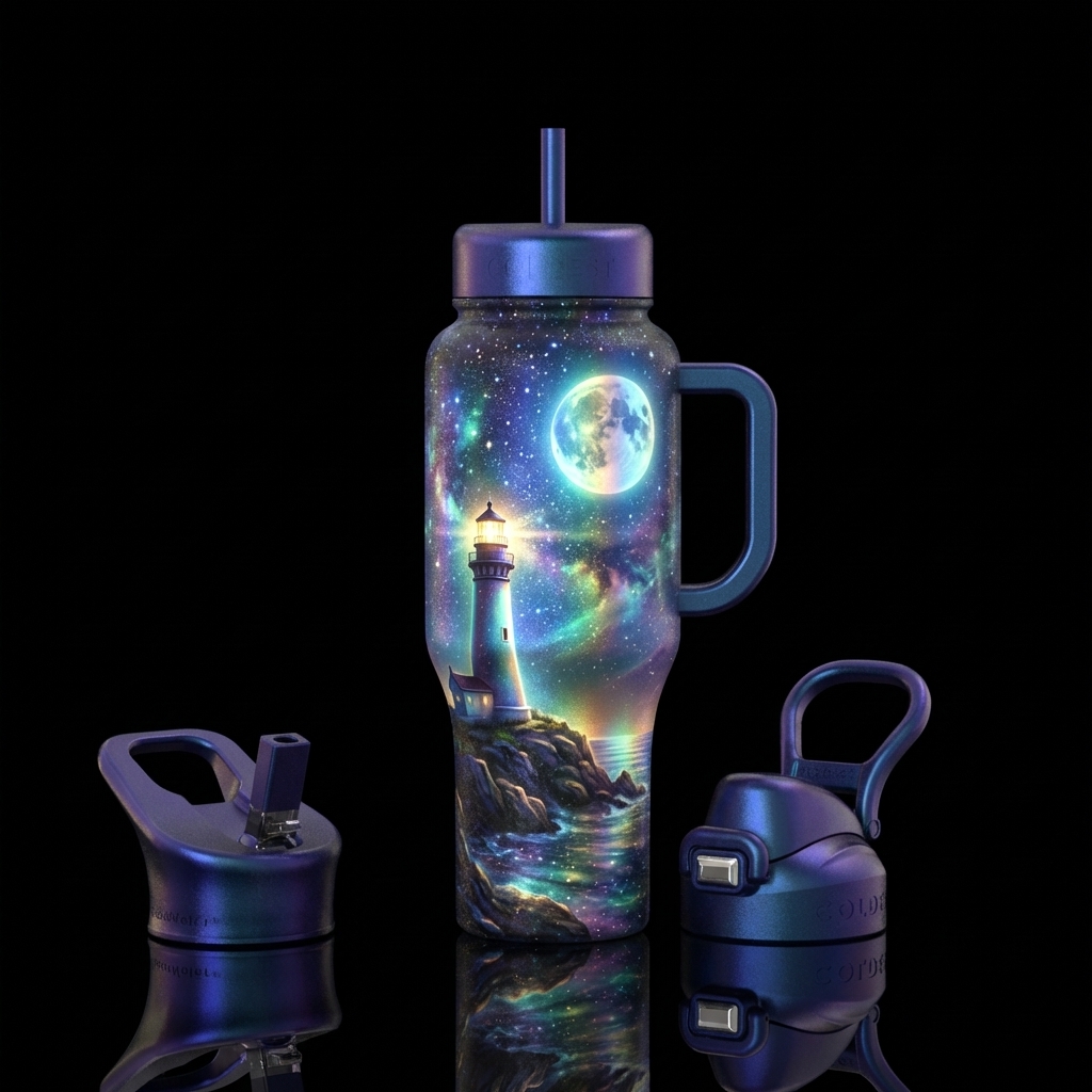 starry night, lighthouse, moon, glowie, irridescen... water bottle design