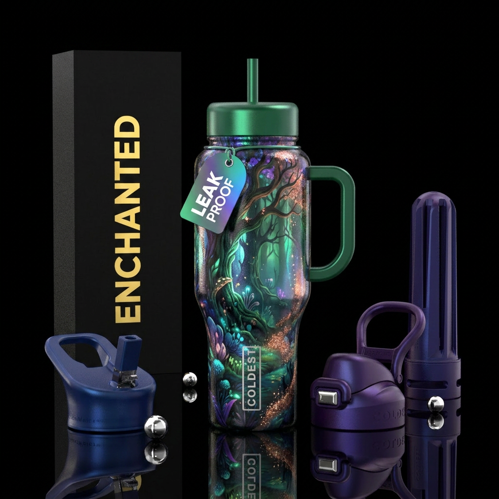 enchanted forest, beautiul, irridescent water bottle design