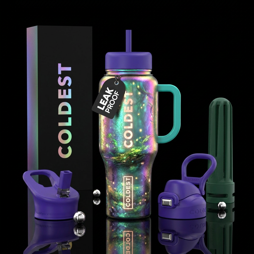 enchanted forest, beautiul, irridescent water bottle design