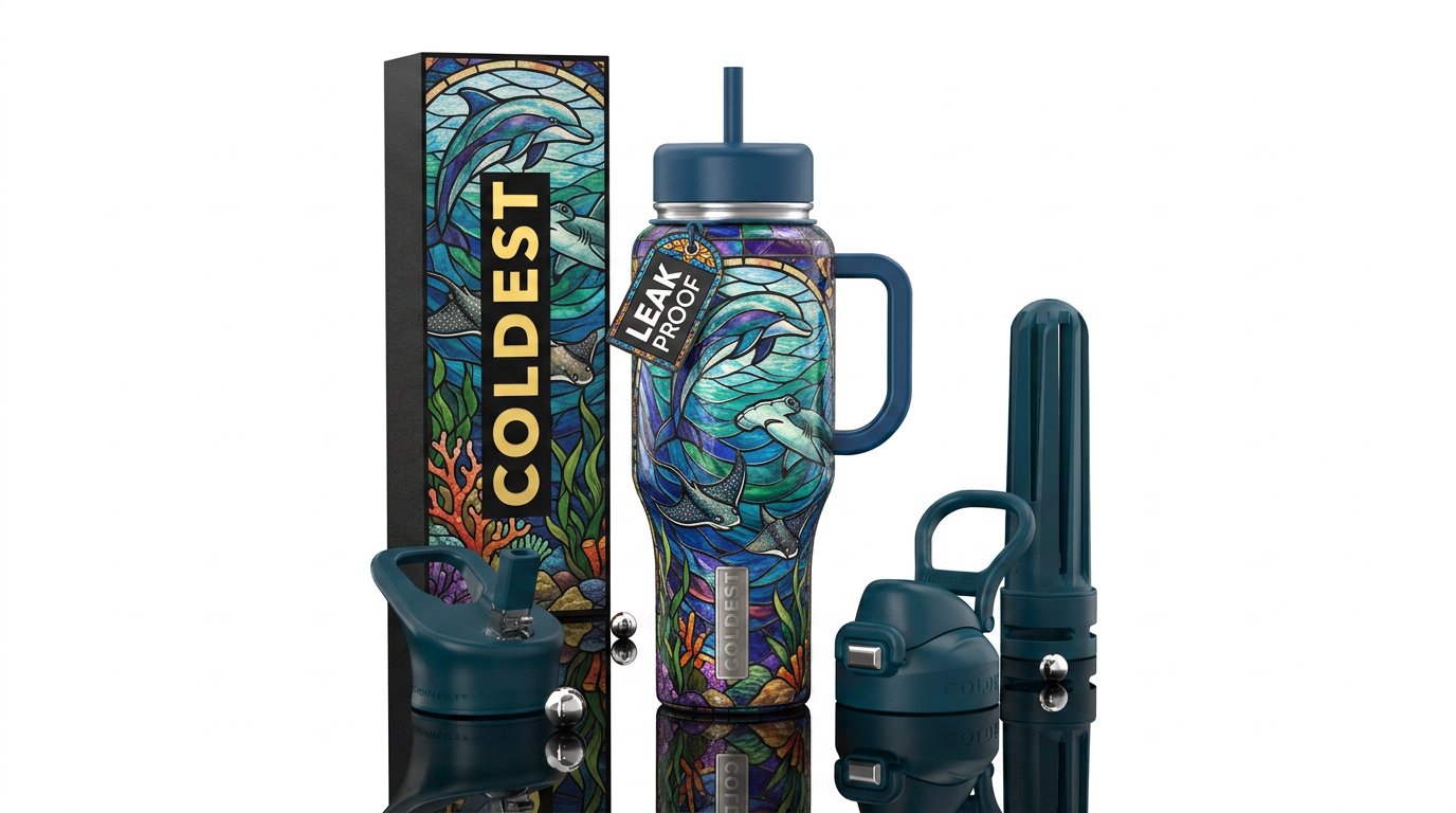 Stained glass ocean dolphin shark sringray water bottle design