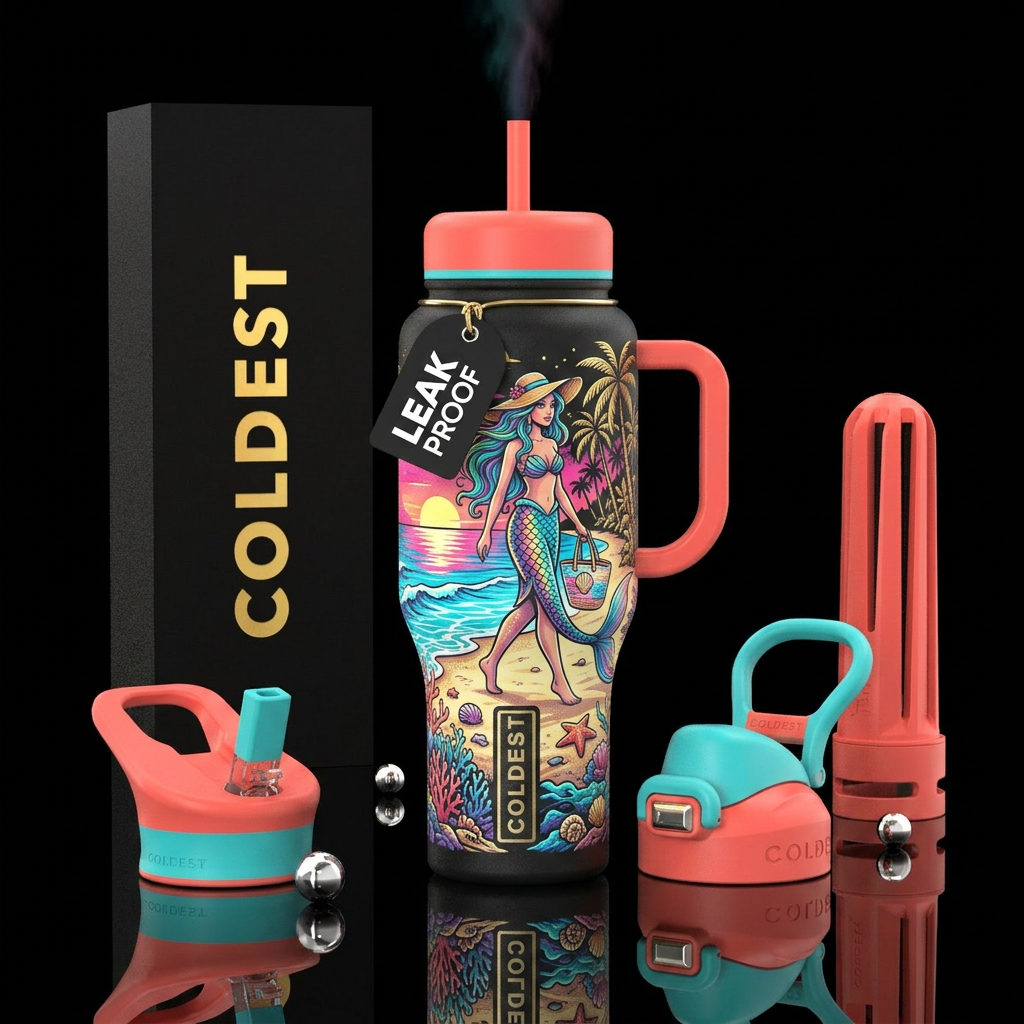 Mermaid with legs walking beach beautiful water bottle design