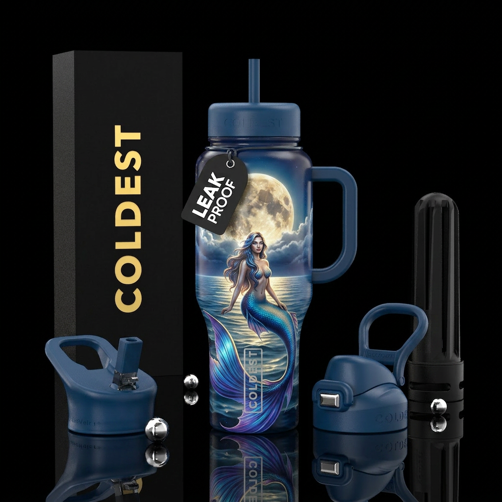 Full moon over ocean mermaid portrait water bottle design