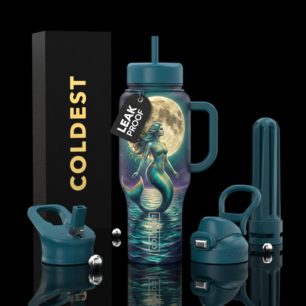 Full moon over ocean mermaid portrait water bottle design