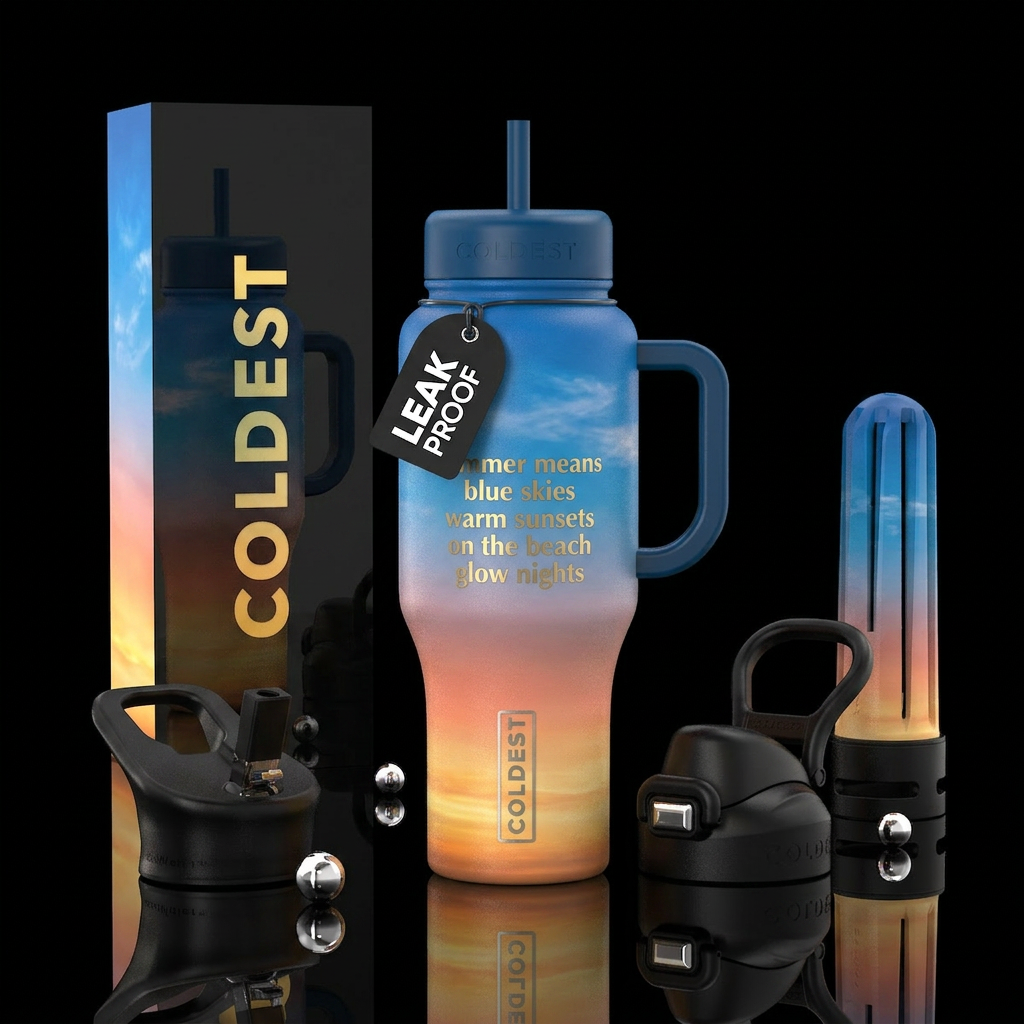 Summer means blue skies warm sunsets on the beach ... water bottle design