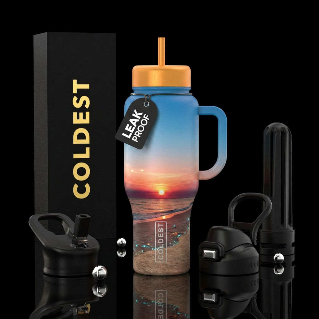 Summer means blue skies warm sunsets on the beach ... water bottle design