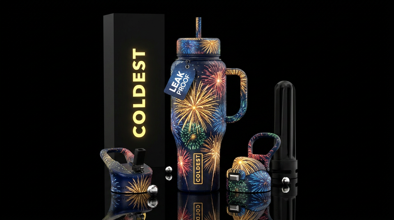 Bright fireworks glow in the night sky water bottle design