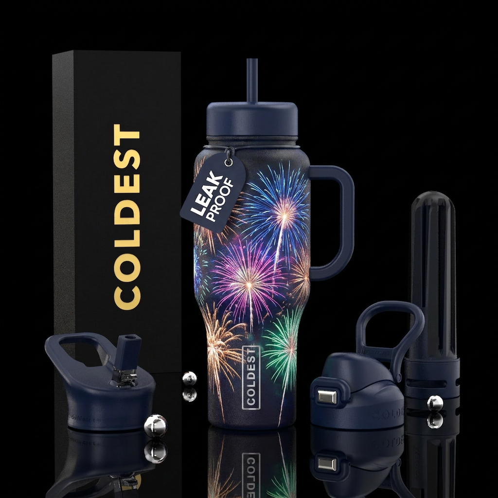 Bright fireworks glow in the night sky water bottle design