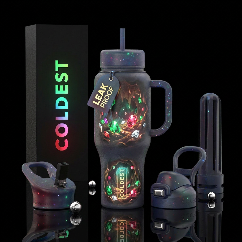 Underground cave with gems emeralds Ruby's diamond... water bottle design