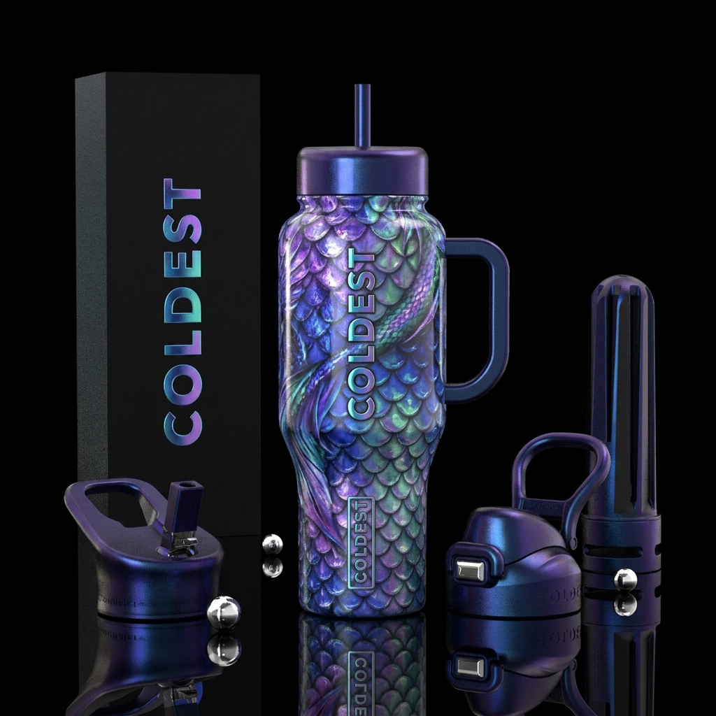 Mermaid and dragon purples and blues water bottle design