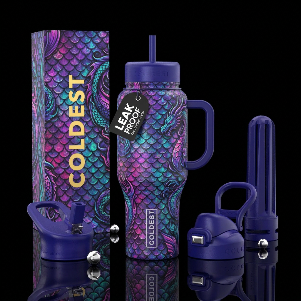 Mermaid and dragon purples and blues water bottle design