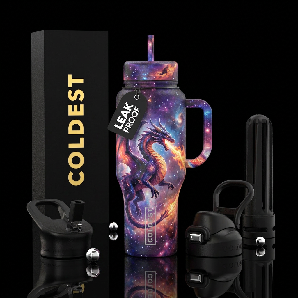 Fire breathing dragon galaxy sky water bottle design