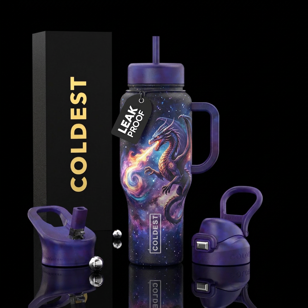 Fire breathing dragon galaxy sky water bottle design