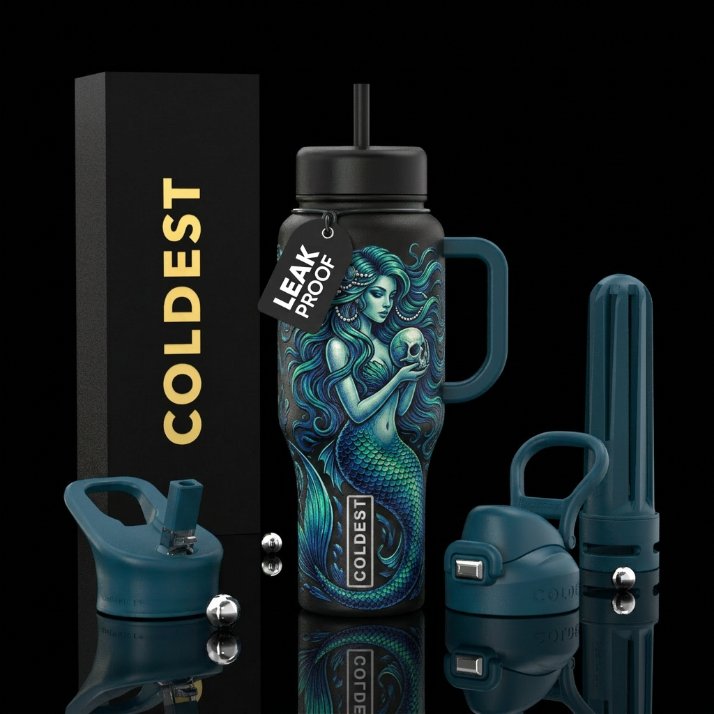 Siren mermaid holding skull. Up close full hair be... water bottle design