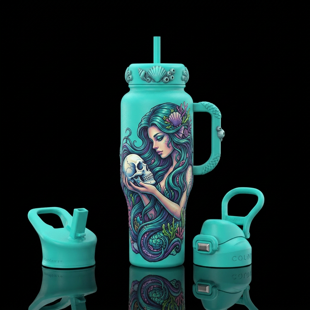 Siren mermaid holding skull. Up close full hair be... water bottle design