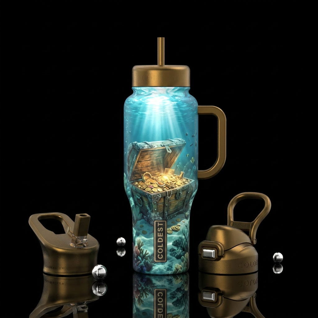Underwater treasure chest open with a ray of sunli... water bottle design
