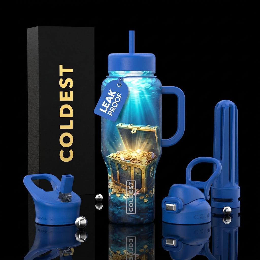 Underwater treasure chest open with a ray of sunli... water bottle design