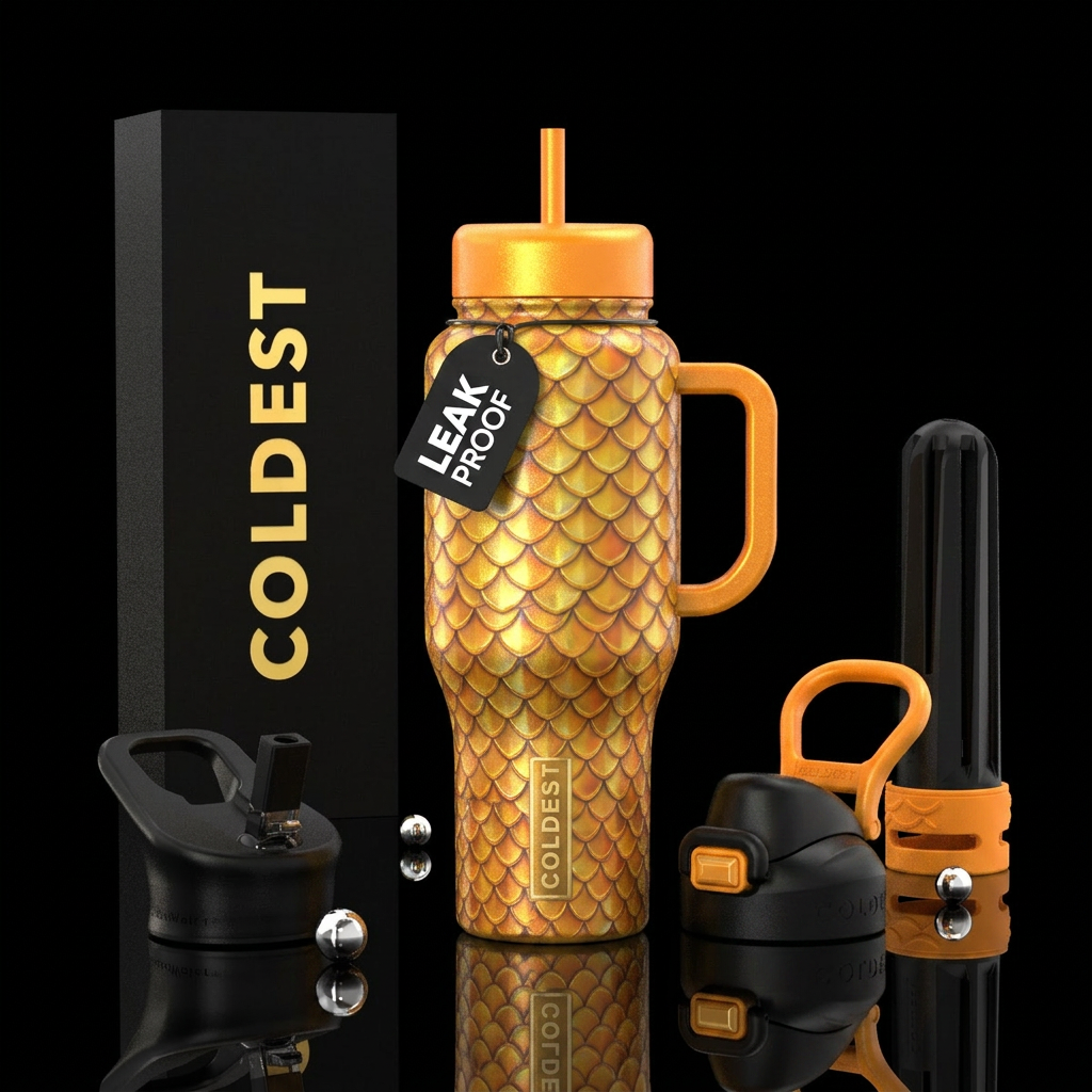 Mermaid and dragon yellows and orange water bottle design