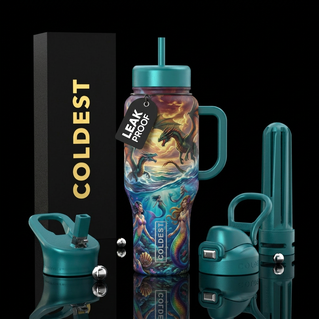 Mermaids in ocean dragons in sky water bottle design