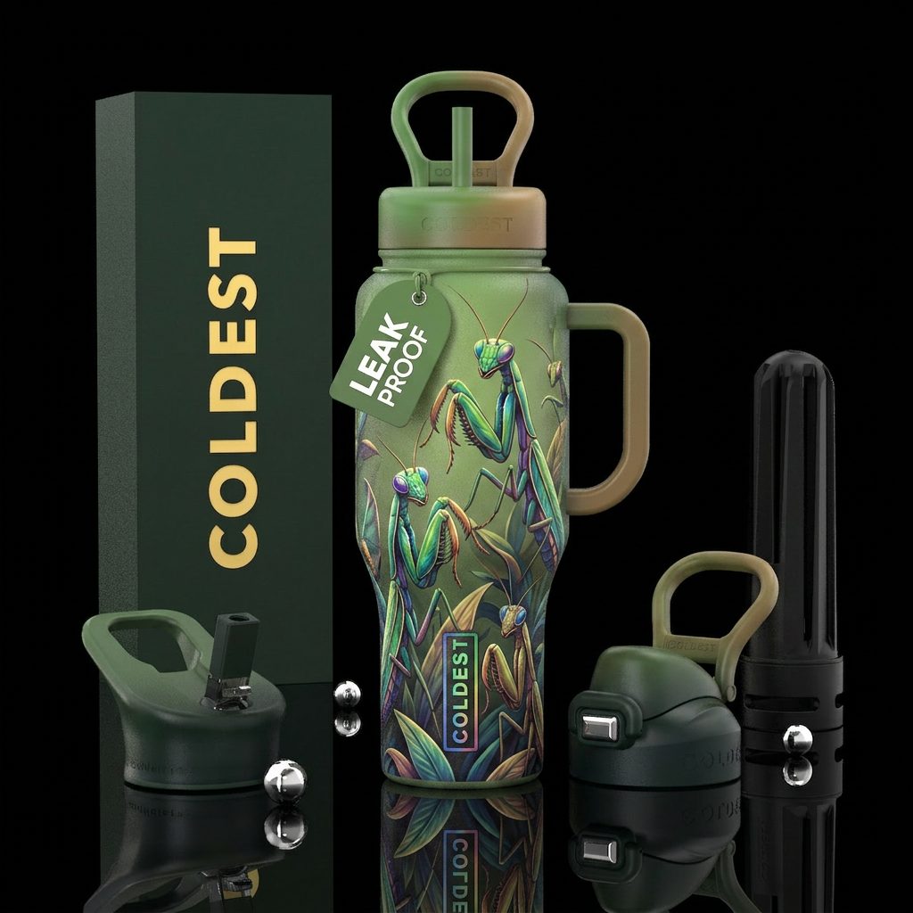 Praying mantis water bottle design