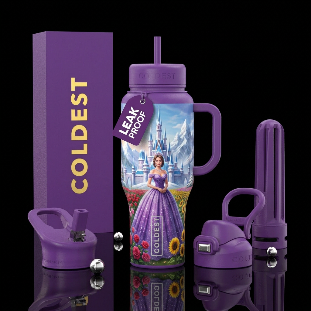 Queen in purple sparkly sweetheart ball gown in fr... water bottle design