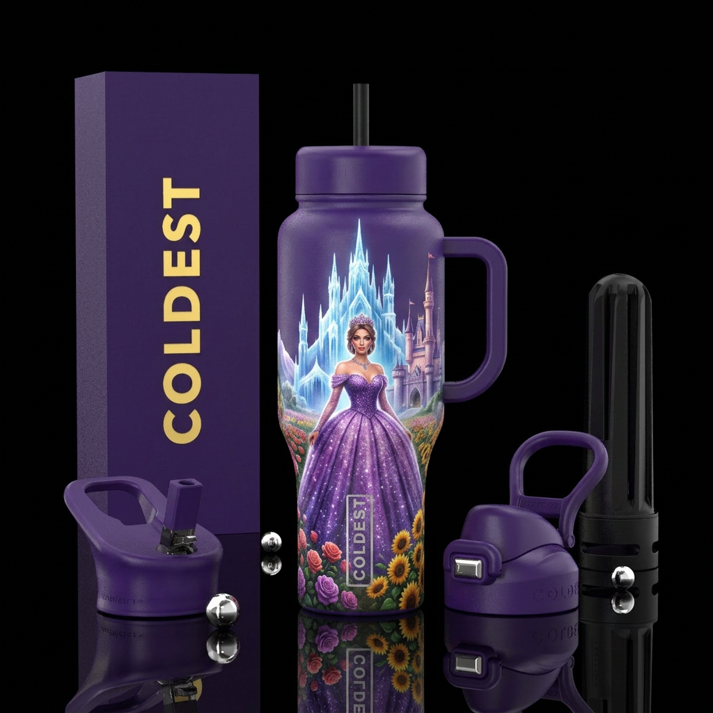 Queen in purple sparkly sweetheart ball gown in fr... water bottle design
