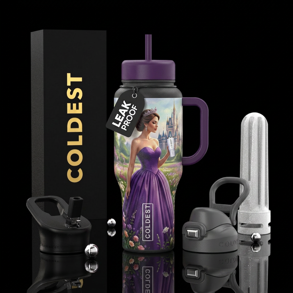 Queen in purple strapless sweetheart ballgown hold... water bottle design